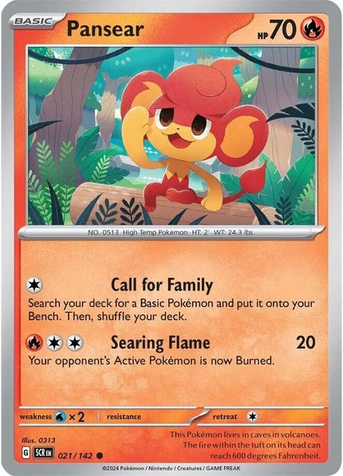 Pokémon Stellar Crown Pansear 21 singles card featuring artwork of the Fire-type Pokémon Pansear in a vibrant design.
