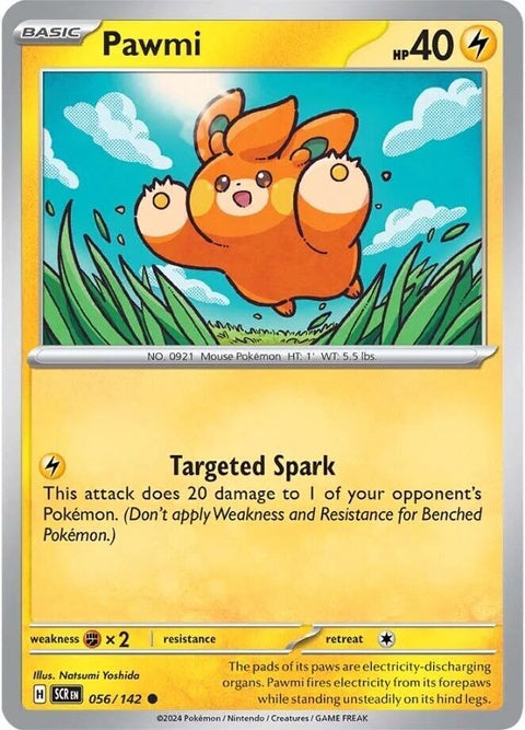 Pokémon Stellar Crown Pawmi singles card featuring vibrant artwork and detailed design of the Pokémon.