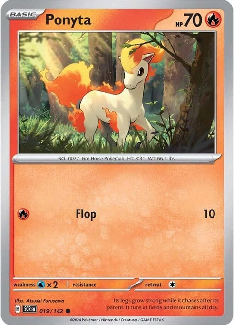Pokémon Stellar Crown Ponyta 19 single card featuring the fiery horse Pokémon with radiant flames and a vibrant background.