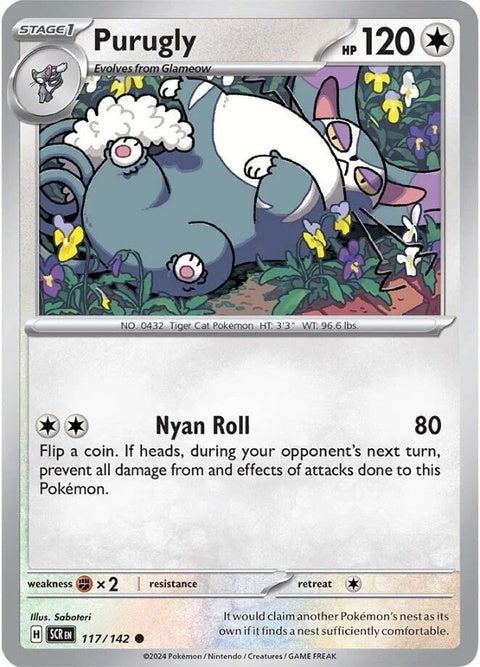 Pokémon Stellar Crown for Purugly, singles trading card featuring detailed artwork and vibrant design.