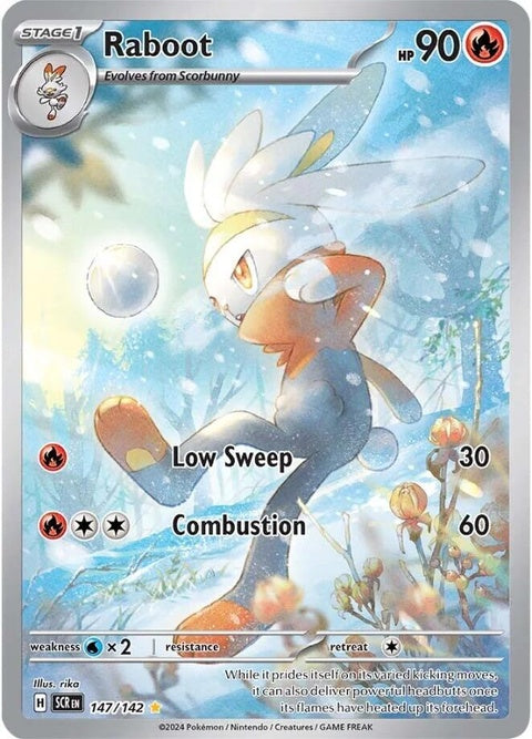 Pokémon Stellar Crown Raboot 147 singles card featuring Raboot with detailed artwork and vibrant design.