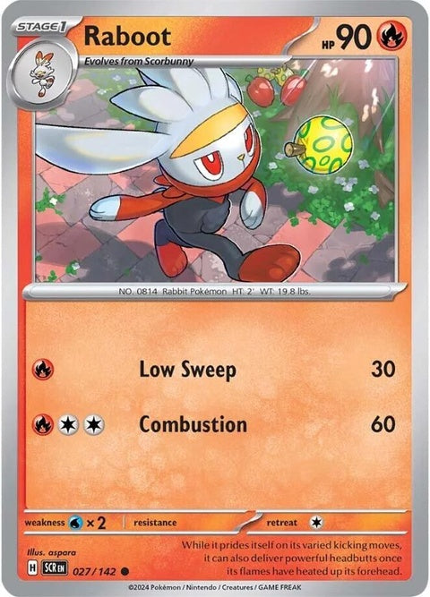 Pokémon Stellar Crown Raboot 27 single card showing Raboot character with detailed artwork in a vibrant, colorful design.