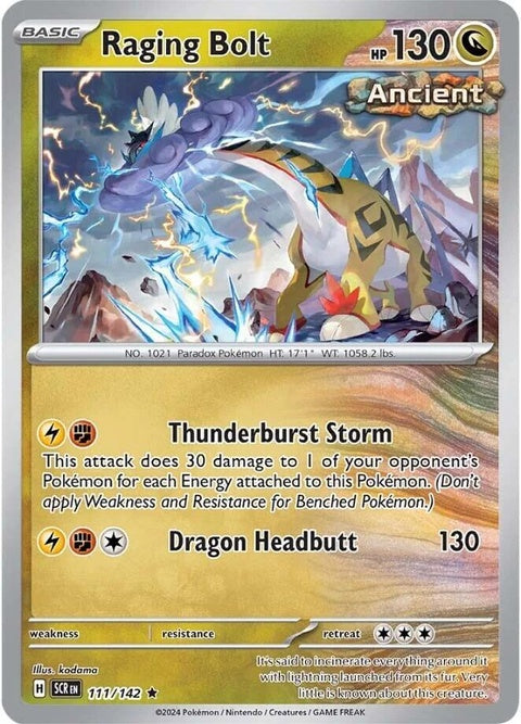 Pokémon Stellar Crown Raging Bolt 111 singles card featuring a vibrant electric-themed Pokémon with dynamic artwork.
