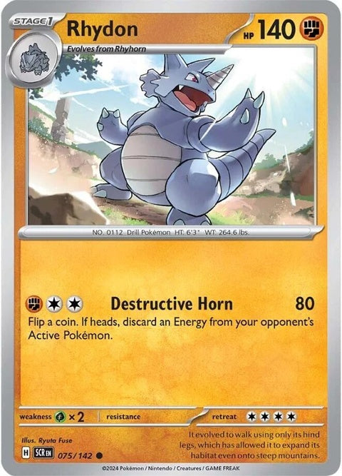 Pokémon Stellar Crown Rhydon 75 card from the Singles collection featuring detailed artwork of Rhydon in a dynamic pose.