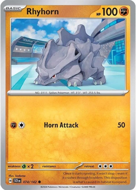 Pokémon Stellar Crown Rhyhorn card from the Singles set, featuring detailed artwork of Rhyhorn with a celestial-themed crown.