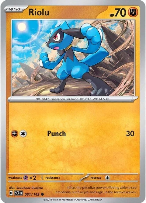 Riolu Pokémon with Stellar Crown, a collectible Pokémon card featuring a single card with vibrant artwork and branding.