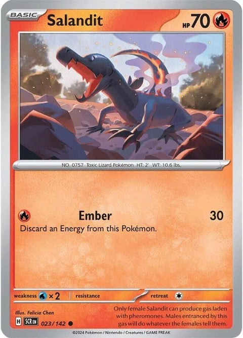 Pokémon Stellar Crown Salandit 23 single card featuring Salandit with vibrant artwork and collectible details.