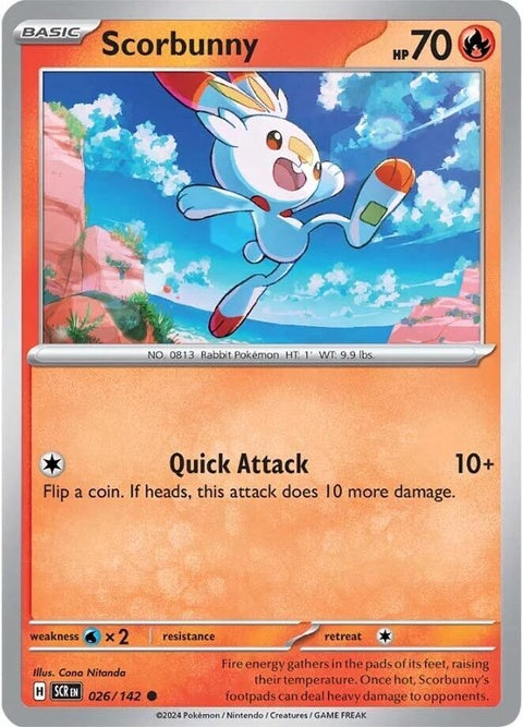 Pokémon Stellar Crown Scorbunny figure, singles edition displaying detailed design and vibrant colors on a white background.