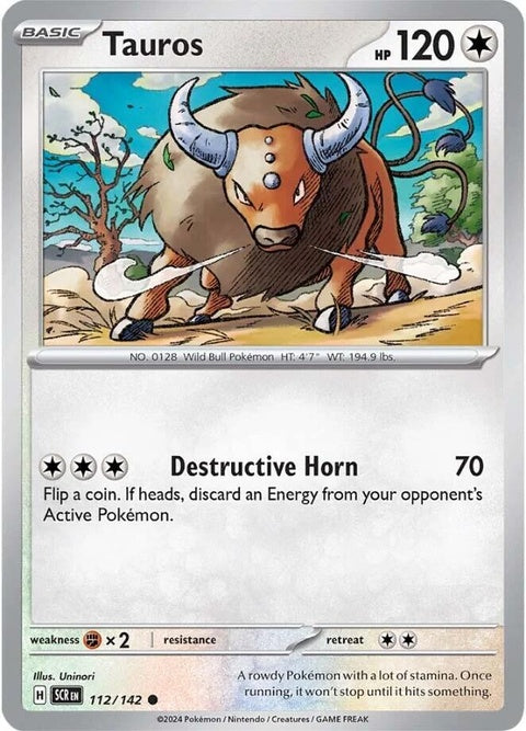 Pokémon Stellar Crown Tauros 112 single card featuring Tauros with a vibrant design and detailed artwork.