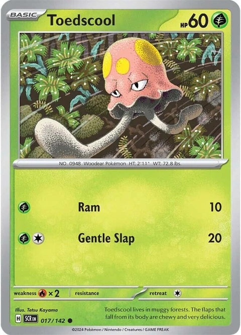 Pokémon Stellar Crown Toedscool 17 singles card featuring Toedscool with vibrant artwork and detailed design.