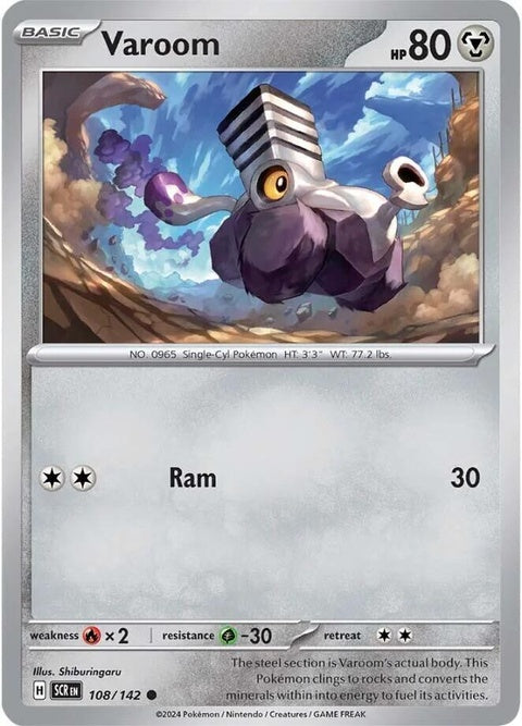 Pokémon Stellar Crown Varoom 108 singles trading card featuring artwork of the Pokémon with a vibrant background.