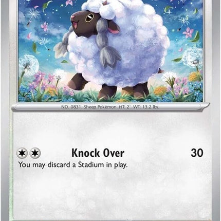 Pokémon Stellar Crown Wooloo singles trading card featuring Wooloo in a dynamic pose on a vibrant background.