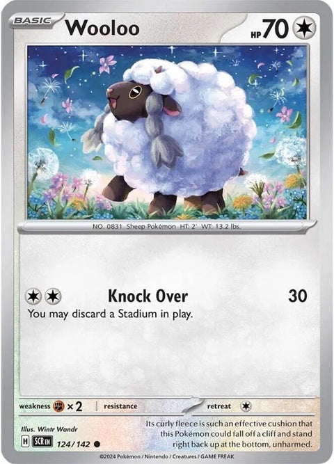 Pokémon Stellar Crown Wooloo singles trading card featuring Wooloo in a dynamic pose on a vibrant background.