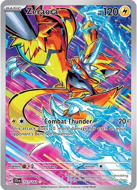 Pokémon Stellar Crown Zeraora 151 collectible card featuring a vibrant illustration of the Electric-type Pokémon Zeraora.