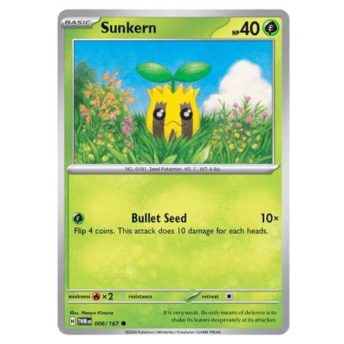Sunkern 006/167 Twilight Masquerade Pokémon collectible card featuring Sunkern with a twilight-themed design.