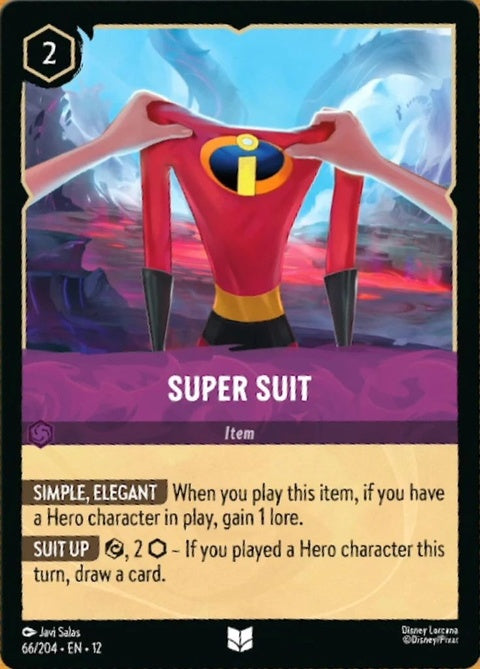 Disney Lorcana Super Suit (66) singles card featuring vibrant superhero artwork and branding on a colorful background.