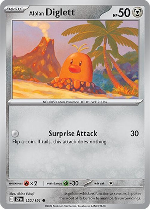 Alolan Diglett Pokémon card from Surging Sparks set, featuring a detailed illustration of the electric-type Pokémon.