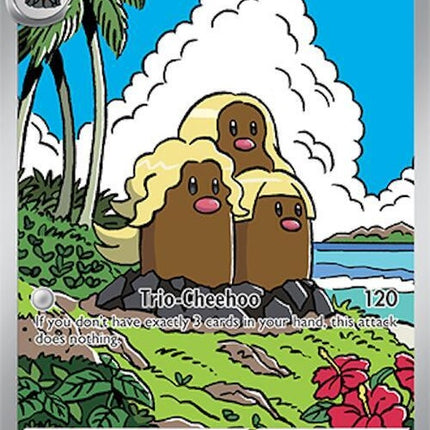 Alolan Dugtrio Pokémon card from Surging Sparks series, featuring three Diglett with spiky hair and determined expressions.