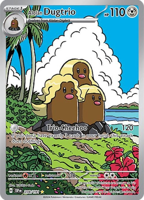 Alolan Dugtrio Pokémon card from Surging Sparks series, featuring three Diglett with spiky hair and determined expressions.
