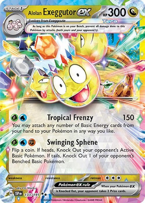 Alolan Exeggutor EX Pokémon card from Surging Sparks set, featuring vibrant artwork of the grass and dragon-type Pokémon.