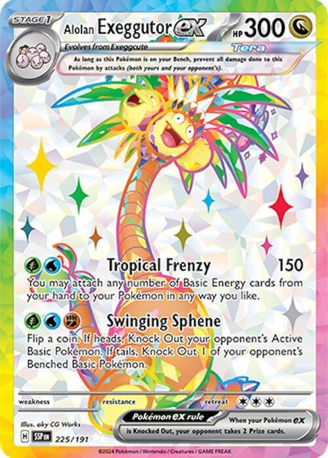 Alolan Exeggutor EX Pokémon card from Surging Sparks set, featuring detailed artwork of the Grass and Dragon-type Pokémon.