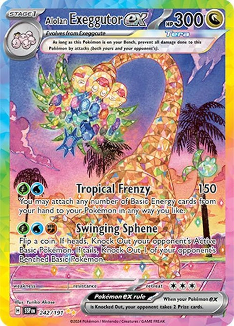 Alolan Exeggutor V Pokémon card from Surging Sparks set, featuring vibrant artwork of the grass and dragon-type Pokémon.