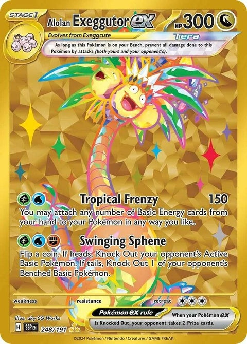 Alolan Exeggutor EX Pokémon card from Surging Sparks set, featuring detailed illustration of the grass and dragon type Pokémon.