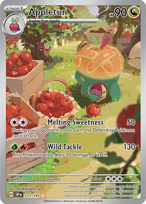 Pokémon Surging Sparks Appletun card, singles trading card game, featuring colorful artwork of Appletun on a vibrant background.