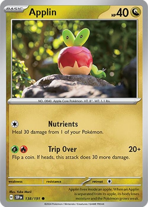 Pokémon Surging Sparks Applin single card featuring Applin in vibrant artwork, part of the Pokémon trading card game collection.