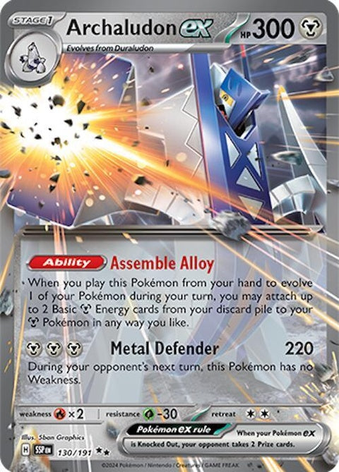 Pokémon Surging Sparks Archaludon ex 130 singles card featuring the electric dragon Pokémon in a dynamic pose.