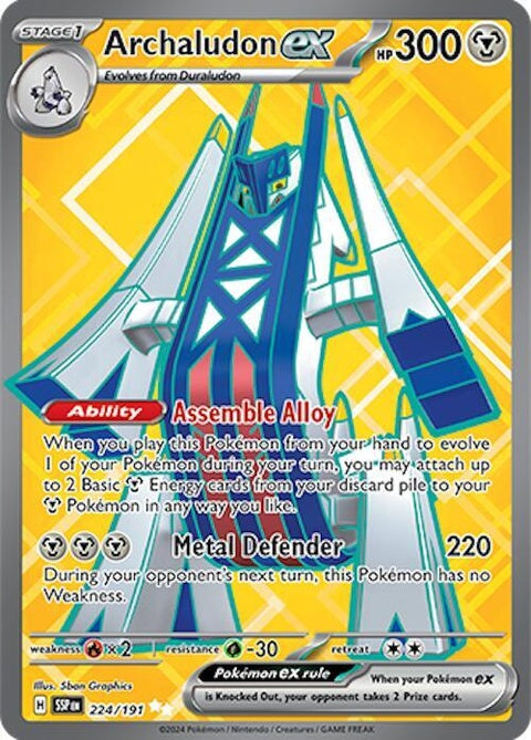 Pokémon Surging Sparks Archaludon-EX single card featuring a detailed illustration of the Electric Dragon Pokémon.