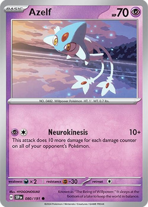 Pokémon Surging Sparks Azelf 80-card from the singles collection, featuring a vibrant illustration of Azelf in a dynamic pose.