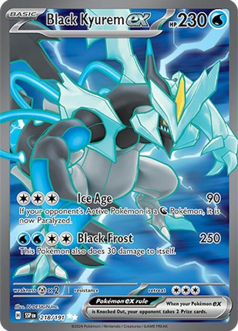 Black Kyurem-EX Pokémon card from Surging Sparks set, featuring detailed artwork of the Dark Ice Dragon in a dynamic pose.