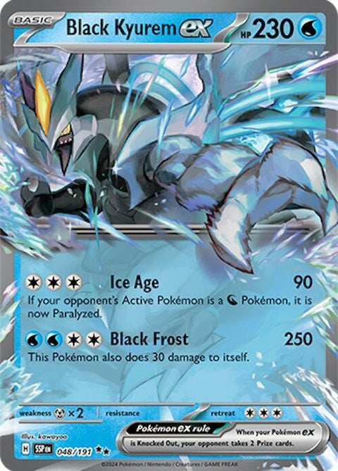 Black Kyurem-EX Pokémon card from Surging Sparks set, featuring detailed artwork of the black dragon Pokémon.
