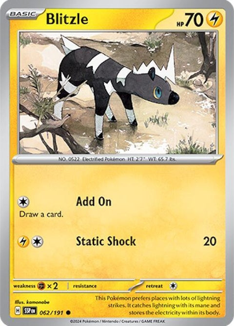Pokémon Surging Sparks Blitzle single card featuring Blitzle in an action pose, detailed illustration on a white background.