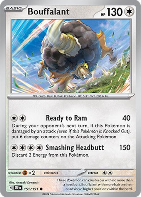 Pokémon Surging Sparks Bouffalant 151 single card featuring a detailed illustration of the Pokémon Bouffalant.