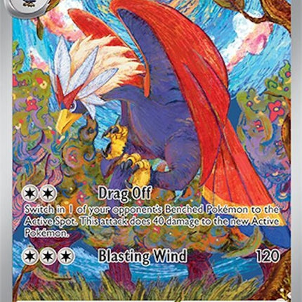Pokémon Surging Sparks Braviary 214 trading card, featuring vibrant artwork of the legendary bird in a dynamic pose.