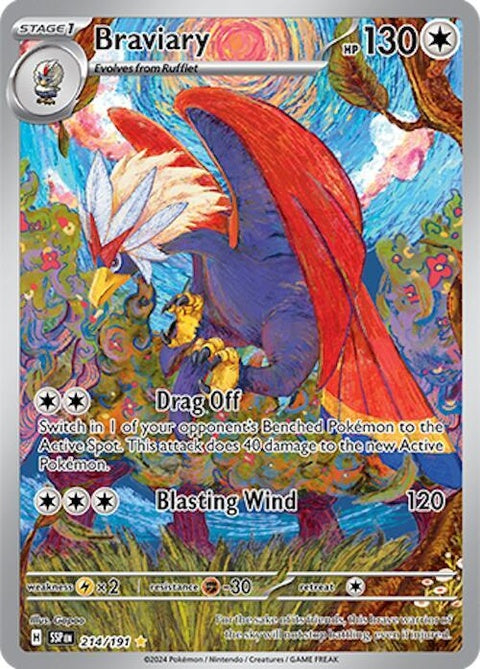 Pokémon Surging Sparks Braviary 214 trading card, featuring vibrant artwork of the legendary bird in a dynamic pose.