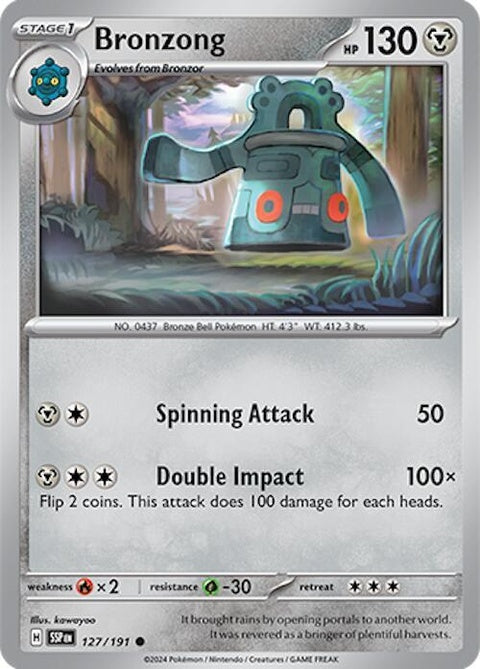 Pokémon Surging Sparks Bronzong 127 card from the Singles collection, featuring detailed artwork of the Steel/Psychic Pokémon.