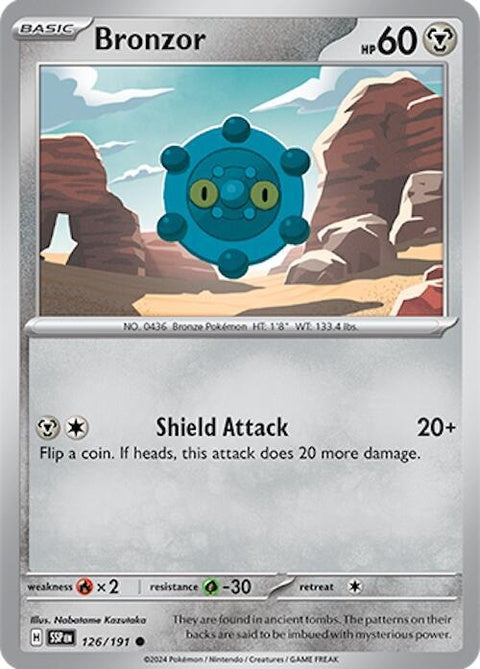 Pokémon Surging Sparks Bronzor 126 single card showing Bronzor's artwork with a vibrant background and detailed design.