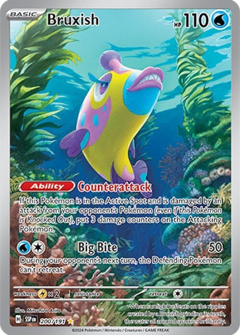 Pokémon Surging Sparks Bruxish 200 card, singles game card featuring colorful illustration of Bruxish from the Pokémon trading card game.