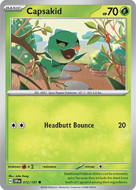 Single Pokémon Surging Sparks Capsakid trading card from the Pokémon Singles collection, featuring colorful artwork of Capsakid.