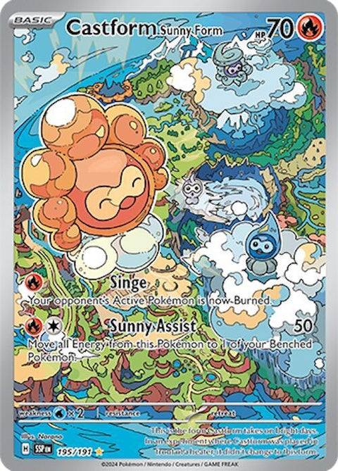Pokémon Surging Sparks Castform Sunny Form, a colorful Pokémon figure in a bright sunny setting.