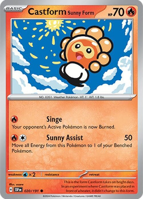 Pokémon Surging Sparks Castform Sunny Form 20, single card featuring the sunny weather-themed Pokémon with vibrant artwork.