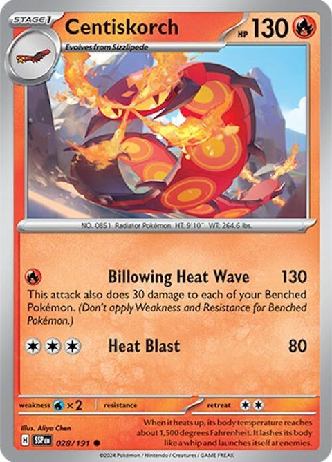 Pokémon Surging Sparks Centiskorch 28 card, singles, vibrant illustration of fiery centipede Pokémon from Pokémon TCG.