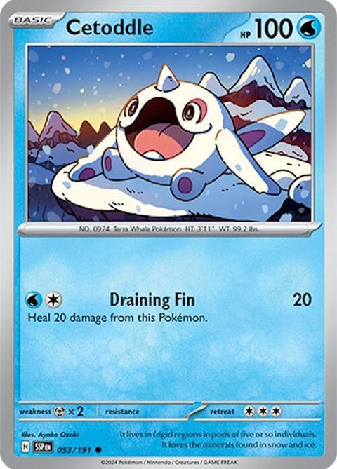 Pokémon Surging Sparks Cetoddle Singles card, vibrant illustration featuring Cetoddle in dynamic pose, art by Pokémon.