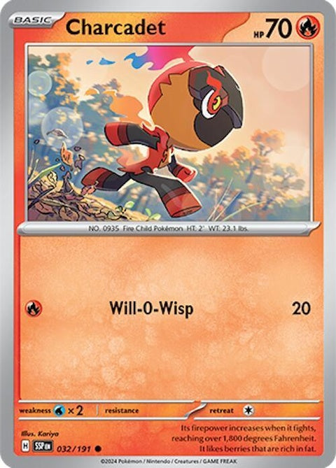 Pokémon Surging Sparks Charcadet 32-card single from the Pokémon trading card game, featuring artwork of Charcadet.