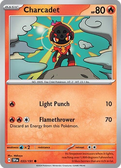 Pokémon Surging Sparks Charcadet single card featuring Charcadet with vibrant artwork and detailed design.