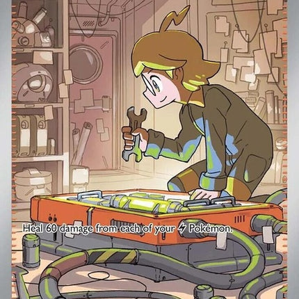 Pokémon Surging Sparks Clemont's Quick Wit singles card featuring Clemont with bright lightning effects and colorful Pokémon artwork.