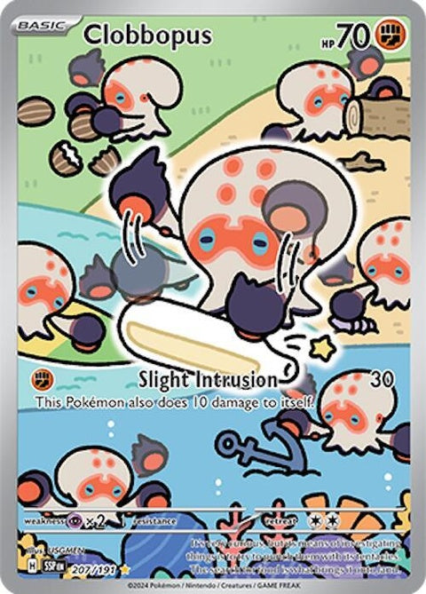 Pokémon Surging Sparks Clobbopus 207 singles card featuring a fierce Clobbopus with dynamic artwork and vibrant colors.